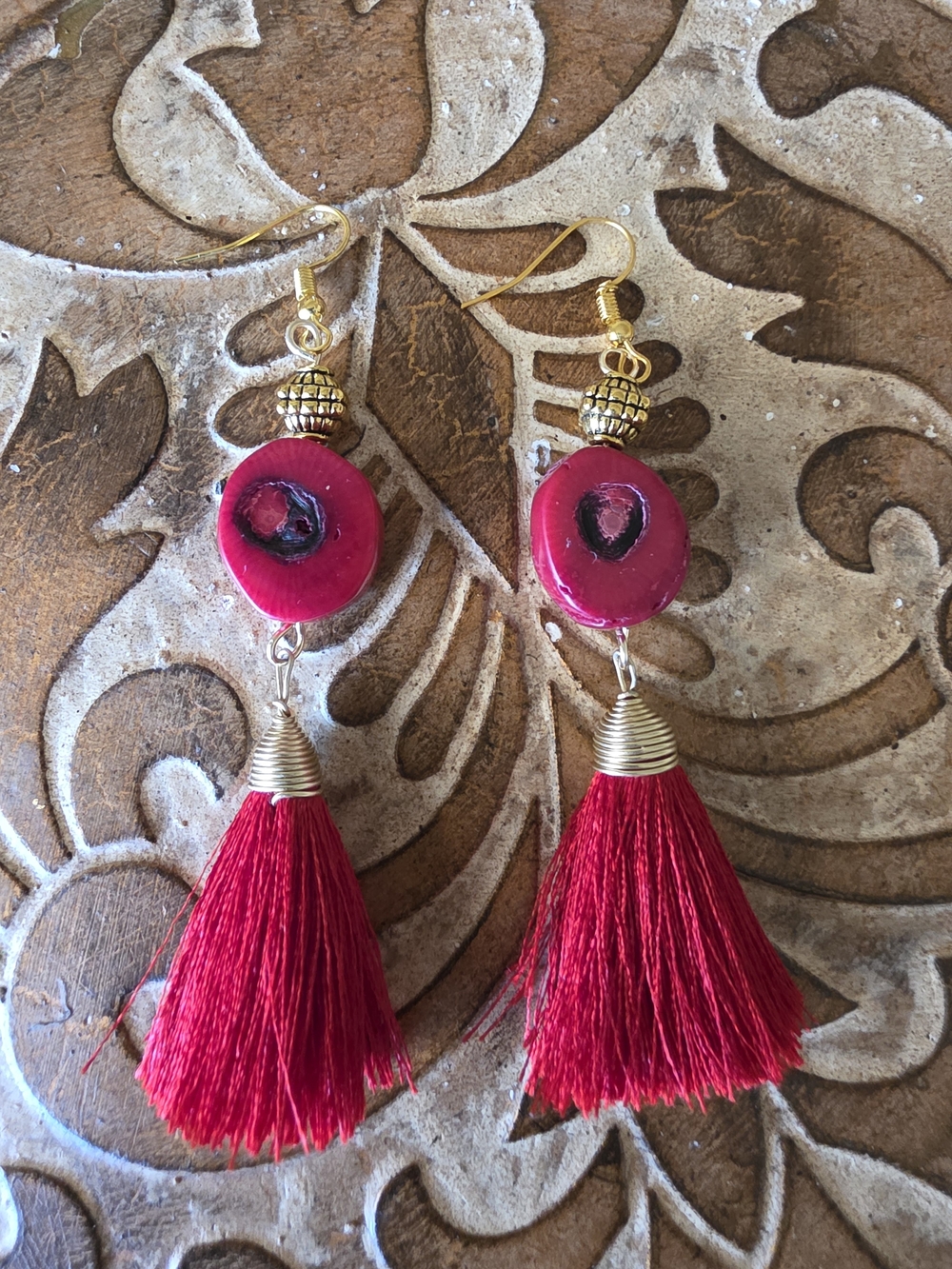 Handmade Red Tassel Drop Earrings - Gold Accent